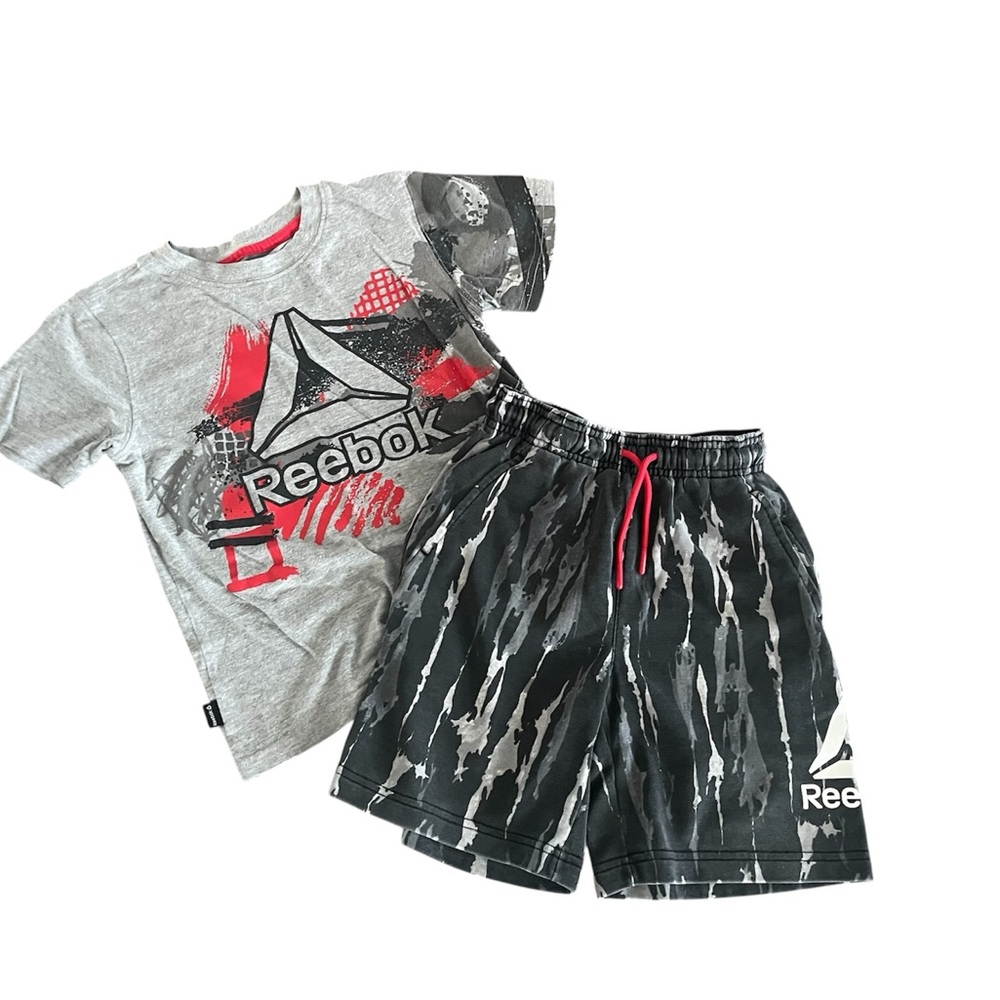 Reebok Gray Tee and Black Shorts Set with Red Accents